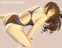 Rule 34 | 1girl, all fours, amagami, artist name, ass, bad id, bad pixiv id, black hair, blue eyes, competition swimsuit, copyright name, from above, lips, long hair, looking back, morishima haruka, one-piece swimsuit, solo, swimsuit, wakino keibun