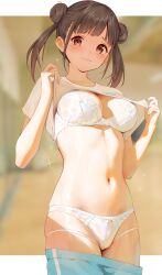 Rule 34 | 1girl, blurry, blurry background, blush, bra, brown hair, clothes lift, clothes pull, double bun, embroidered bra, gin00, hair bun, highres, idolmaster, idolmaster shiny colors, lifting own clothes, looking at viewer, navel, outside border, panties, pants, pants pull, shirt, shirt lift, solo, sonoda chiyoko, stomach, track pants, twintails, underwear, white bra, white panties, white shirt