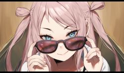 Rule 34 | 1girl, adjusting eyewear, blue eyes, commentary, english commentary, letterboxed, long hair, looking at viewer, love live!, love live! nijigasaki high school idol club, pink hair, portrait, sidelocks, smile, solo, sunglasses, terupancake, twitter username, two side up, zhong lanzhu