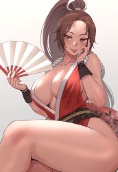 Rule 34 | 1girl, :p, breasts, brown eyes, brown hair, carcass (artist), collarbone, fatal fury, folding fan, hair ribbon, hand fan, hand up, high ponytail, highres, holding, holding fan, japanese clothes, kimono, large breasts, long hair, obi, red kimono, ribbon, sash, shiranui mai, sideboob, solo, the king of fighters, thighs, tongue, tongue out, white ribbon