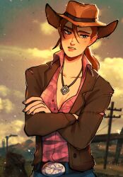 Rule 34 | 1girl, belt buckle, blue eyes, breasts, brown jacket, buckle, cleavage, cloud, cloudy sky, collared shirt, commentary, cowboy hat, crossed arms, denim, english commentary, fallout (series), fallout: new vegas, hat, highres, jacket, jewelry, lamppost, light blush, light frown, long hair, looking to the side, medium breasts, mountain, nero arts, parted lips, pendant, plaid, plaid skirt, plunging neckline, ponytail, red hair, road, rose of sharon cassidy, shirt, skirt, sky, solo, standing, stitching, torn clothes, utility pole