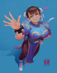 Rule 34 | 1girl, blue background, boots, bracelet, breasts, brown hair, bun cover, capcom, china dress, chinese clothes, chun-li, closed eyes, closed mouth, commentary request, double bun, dress, fingernails, foreshortening, full body, gold trim, hair bun, hand on own hip, hand up, highres, jewelry, knee boots, lips, long hair, looking at viewer, medium breasts, pantyhose, pelvic curtain, puffy short sleeves, puffy sleeves, shadow, short hair, short sleeves, signature, simple background, skin tight, smile, spiked bracelet, spikes, standing, street fighter, street fighter ii (series), white footwear, yang chen (lee5)