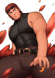 Rule 34 | 1boy, absurdres, bara, bare shoulders, beard, brown hair, bulge, covered abs, covered erect nipples, cowboy shot, facial hair, highres, large pectorals, male focus, manly, mikicat, muscular, original, pectorals, short hair, simple background, skin tight, sleeveless, solo, thick thighs, thighs, tight clothes, upper body