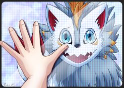 Rule 34 | blue eyes, claws, digimon, digimon (creature), digimon rearise, fangs, herissmon, highres, looking at viewer, open hand, sad, smile