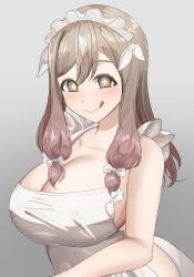 Rule 34 | 1girl, :p, apron, blush, bow, breasts, brown hair, cleavage, commentary, diamond-shaped pupils, diamond (shape), genjitsu no yohane, genjitsu no yohane -numazu in the mirage-, gradient background, hair bow, highres, huge breasts, kunikida hanamaru, long hair, looking at viewer, love live!, love live! sunshine!!, maid headdress, mortdecai, multiple hair bows, naked apron, nightwicked (genjitsu no yohane), nightwicked hanamaru, smile, solo, symbol-shaped pupils, tongue, tongue out, upper body, white apron, yellow eyes