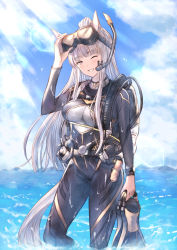 Rule 34 | 1girl, animal ears, blue sky, blurry, blurry background, bodysuit, breasts, brown eyes, cloud, day, diving suit, female focus, flippers, floating hair, goggles, goggles on head, gold ship (umamusume), grey hair, grin, horse ears, horse girl, horse tail, long hair, long sleeves, looking at viewer, medium breasts, mugen kageno, ocean, one eye closed, outdoors, scuba, sky, smile, snorkel, solo, standing, sunlight, tail, umamusume, very long hair, wading, wetsuit