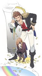 Rule 34 | 1boy, 1girl, beard, belt, blue eyes, bouquet, brown hair, collared shirt, epaulettes, eyepatch, facial hair, fate/grand order, fate (series), flower, full body, hair over one eye, hand on own hip, huge weapon, jacket, long hair, long sideburns, long sleeves, male focus, military, military uniform, napoleon bonaparte (fate), ophelia phamrsolone, pectorals, petals, ribbon, scar, shirt, sideburns, simple background, smile, takashi (huzakenna), uniform, weapon