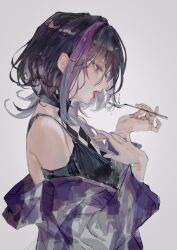 Rule 34 | 1girl, black dress, black hair, brown eyes, colorized, dress, eating, fork, from side, grey hair, hair between eyes, highres, holding, holding fork, jacket, long hair, moaomao mo, multicolored hair, open mouth, path to nowhere, purple hair, purple jacket, shirt, sidelocks, simple background, sleeveless, solo, streaked hair, two-tone hair, uni (path to nowhere), upper body