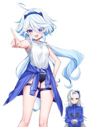 Rule 34 | 1boy, 1girl, :d, absurdres, alternate costume, bare arms, blue eyes, blue hair, blue hairband, blue jacket, blush, clothes around waist, commentary request, cowlick, drop-shaped pupils, furina (genshin impact), genshin impact, hair between eyes, hairband, hand on own hip, heterochromia, highres, index finger raised, ineka ka, jacket, jacket around waist, light blue hair, long hair, looking at viewer, multicolored hair, neuvillette (genshin impact), open mouth, outstretched arm, shirt, shirt tucked in, simple background, smile, streaked hair, symbol-shaped pupils, thigh strap, white background, white shirt