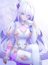Rule 34 | 1girl, arm guards, asymmetrical gloves, blue eyes, blush, breasts, bright pupils, chromatic aberration, closed mouth, commentary, covered navel, crossed legs, eun (eunice), eyelashes, feet out of frame, fingerless gloves, gloves, gold trim, gradient hair, hair between eyes, hair ornament, hand up, hare (honkai impact), highres, honkai (series), honkai impact 3rd, leotard, long hair, looking at viewer, medium breasts, mismatched gloves, multicolored background, multicolored hair, puffy sleeves, purple hair, shrug (clothing), sidelocks, simple background, sitting, smile, solo, thighhighs, very long hair, wavy hair, white background, white gloves, white hair, white leotard, white pupils, white thighhighs