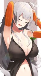 Rule 34 | 1girl, ahoge, armpits, arms up, bare shoulders, breasts, cleavage, closed eyes, detached sleeves, fang, grey hair, hand in own hair, highres, kizuna akari, large breasts, long hair, navel, open mouth, pajhmh, raised eyebrows, sidelocks, skin fang, solo, spring onion, squeans, strap slip, tearing up, upper body, very long hair, vocaloid, voiceroid, waking up