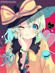 Rule 34 | 1girl, black hat, blush, bow, closed mouth, collared shirt, commentary request, frilled sleeves, frills, green eyes, green hair, green ribbon, hand on own face, happy, hat, hat bow, heart, highres, komeiji koishi, kudamono25253, light green hair, long sleeves, one eye closed, ribbon, shirt, smile, solo, touhou, wristband, yellow bow, yellow shirt