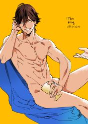 Rule 34 | 1boy, brown hair, chalice, cup, dark-skinned male, dark skin, earrings, fate (series), grin, highres, holding, jewelry, looking at viewer, male focus, nude, orange background, ozymandias (fate), simple background, sitting, smile, solo, yellow eyes, yococco