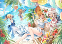 Rule 34 | 4girls, :d, ^ ^, anklet, balloon, barbara (genshin impact), beach, bikini, blonde hair, blue sky, brown headwear, closed eyes, cloud, cup, day, drinking, drinking glass, drinking straw, flower, food, frilled bikini, frills, fruit, genshin impact, hat, iro 178, jean (genshin impact), jewelry, legs, looking at viewer, lumine (genshin impact), multiple girls, ocean, open mouth, orange (fruit), orange slice, outdoors, paimon (genshin impact), partially submerged, plant, ponytail, rainbow, sitting, sky, smile, standing, straw hat, swimsuit, thighs, white bikini, yellow eyes
