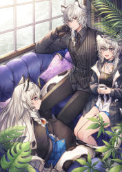 Rule 34 | 1boy, 2girls, :d, alternate costume, animal ears, arknights, bad id, bad pixiv id, black choker, black gloves, black jacket, black neckwear, black pants, black vest, braid, brother and sister, choker, cliffheart (arknights), commentary request, couch, coyucom, cup, gloves, grey eyes, grey shirt, hair between eyes, hand up, highres, holding, holding cup, indoors, jacket, leopard ears, long hair, long sleeves, looking at viewer, miniskirt, multiple girls, necktie, no headwear, open clothes, open jacket, open mouth, pants, pillow, plant, pramanix (arknights), profile, shirt, short hair, siblings, silver hair, silverash (arknights), sisters, sitting, skirt, smile, striped clothes, striped vest, teacup, thighs, vertical-striped clothes, vertical-striped vest, vest, white skirt, window