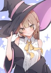 1girl absurdres airenif black_coat black_hair black_robe blush bow bowtie brown_eyes brown_hair closed_mouth coat commentary cosplay elaina_(majo_no_tabitabi) elaina_(majo_no_tabitabi)_(cosplay) hat head_tilt highres hololive hololive_english hooded_robe long_hair looking_at_viewer majo_no_tabitabi nanashi_mumei open_clothes open_robe robe shirt simple_background smile solo virtual_youtuber white_hair white_shirt witch_hat yellow_bow yellow_bowtie