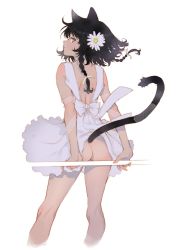Rule 34 | 1girl, absurdres, animal ears, arutera, ass, bad id, bad pixiv id, black hair, blue eyes, braid, bright pupils, cat ears, cat tail, clothes lift, dress, dress lift, expressionless, flower, from behind, hair flower, hair ornament, hair ribbon, highres, looking back, no panties, original, profile, ribbon, short hair with long locks, side braid, simple background, solo, tail, twin braids, white background, white dress, white pupils, wind