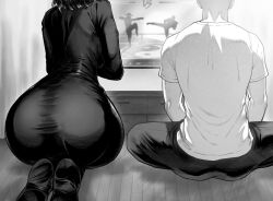 Rule 34 | 1boy, 1girl, ass, back, clothes, curvy, dress, from behind, fubuki (one-punch man), greyscale, indoors, medium hair, monochrome, one-punch man, playing games, saitama (one-punch man), short hair, thighs, video game, wide hips