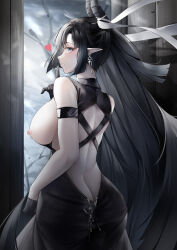 Rule 34 | 1girl, absurdres, arknights, ass, backlighting, black dress, black gloves, black hair, blue eyes, breasts, breasts out, butt crack, character request, cowboy shot, cum, cum on ass, dress, earrings, from behind, gloves, half gloves, heart, highres, horns, jewelry, large breasts, long hair, looking at viewer, lubikaya, nipples, sideboob, solo, very long hair