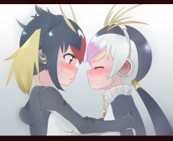 Rule 34 | 2girls, black hair, blonde hair, blush, commentary request, drawstring, hands on another&#039;s shoulders, headphones, hoihoikorokoro, hood, hood down, hoodie, imminent kiss, kemono friends, letterboxed, long sleeves, multicolored hair, multiple girls, nose blush, penguins performance project (kemono friends), pink hair, purple hair, red eyes, rockhopper penguin (kemono friends), royal penguin (kemono friends), short hair, sweatdrop, twintails, yuri