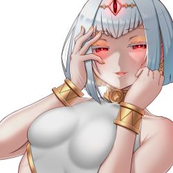 Rule 34 | 1girl, bare shoulders, blush, bracelet, breasts, breath, cottage project, drooling, half-closed eyes, hand on own cheek, hand on own face, highres, jewelry, looking at viewer, mangu nito, nekojima, parted lips, red eyes, saliva, saliva trail, short hair, silver hair, small breasts, solo, transparent background, upper body, virtual youtuber