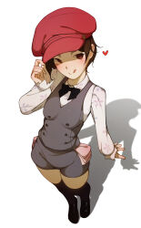 Rule 34 | 1girl, :p, absurdres, black bow, black bowtie, black footwear, black thighhighs, blush, bow, bowtie, brown eyes, brown romper, cabbie hat, choppy bangs, deko morii, floral print, from above, hand on headwear, hat, hat tip, heart, highres, looking at viewer, monogatari (series), official alternate costume, pink hat, pink shirt, red hat, romper, seductive smile, sengoku nadeko, shirt, shoes, simple background, skirt, smile, solo, thighhighs, thighs, tongue, tongue out, white background