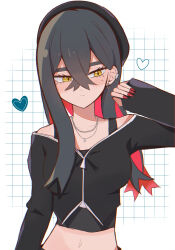 Rule 34 | 1girl, absurdres, alternate costume, black hair, black hat, black jacket, blush, carmine (pokemon), closed mouth, colored inner hair, commentary request, creatures (company), cropped jacket, crossed bangs, earrings, eyelashes, game freak, grid background, hair between eyes, hasu 175, hat, heart, highres, hoop earrings, jacket, jewelry, midriff, multicolored hair, multiple necklaces, navel, nintendo, pokemon, pokemon sv, red hair, red nails, simple background, sleeves past wrists, solo, two-tone hair, upper body, white background, yellow eyes, zipper pull tab