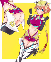 Rule 34 | 1girl, animal print, ass, bangle, bare shoulders, black gloves, blonde hair, blue eyes, blush, bracelet, breasts, cleavage, cleavage cutout, clothing cutout, cowboy shot, dress, earrings, elbow gloves, gloves, highres, horns, jewelry, kora (xenoblade), looking at viewer, medium breasts, microdress, navel, nintendo, pointy ears, short hair, smile, solo, xenoblade chronicles (series), xenoblade chronicles 2, zebra print