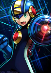 Rule 34 | 1boy, absurdres, aiming, aiming at viewer, blue gloves, bodysuit, gloves, green eyes, helmet, highres, looking at viewer, male focus, mega man (series), mega man battle network, mega man battle network (series), megaman.exe, mixed-language commentary, open mouth, silverchariotx, solo