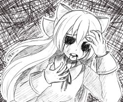 Rule 34 | 1girl, black background, blood, blood from mouth, body switch, bow, collared shirt, commentary, dirty, ellen (majo no ie), english commentary, greyscale, hair bow, hand on own chest, hand on own head, ktokei (kurokku-tokei), liquid from eyes, long hair, long sleeves, majo no ie, monochrome, neck ribbon, outline, personality switch, ribbon, shirt, simple background, solid eyes, solo, spoilers, upper body, very long hair, vest, viola (majo no ie), white outline