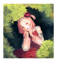 Rule 34 | 1girl, black bow, black bowtie, blush, border, bow, bowtie, bush, cereu57, dress, flower, hands on own cheeks, hands on own face, highres, looking to the side, medium hair, multicolored clothes, nijisanji, nijisanji en, pink eyes, pink hair, red dress, red flower, red rose, rose, rosemi lovelock, short sidetail, smile, solo, thorns, virtual youtuber, white background, white dress, white flower, white rose