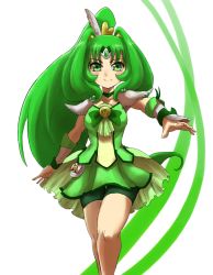 Rule 34 | 10s, 1girl, bad id, bad pixiv id, bike shorts, bike shorts under skirt, breasts, choker, cure march, dress, green dress, green eyes, green hair, green shorts, green skirt, green theme, long hair, magical girl, matching hair/eyes, medium breasts, midorikawa nao, outstretched arm, ponytail, precure, shorts, shorts under skirt, simple background, skirt, smile, smile precure!, solo, tachi (mogurazero), tiara, tri tails, walking, white background