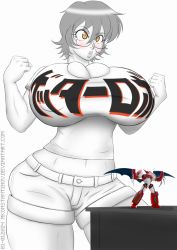 Rule 34 | 1girl, blush, breasts, clothes writing, copyright name, cross-eyed, getter robo, glasses, huge breasts, midriff, mkonstantinov, o3o, original, shin getter-1, shirt, short hair, shorts, simple background, t-shirt, watermark, web address, white background