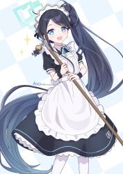 Rule 34 | 1girl, apron, aqua halo, aris (blue archive), aris (maid) (blue archive), black dress, black hair, black wristband, blue archive, blue eyes, blue necktie, collared dress, commentary request, dress, funami (hakonatunakann), green halo, halo, highres, holding, holding mop, long hair, looking at viewer, maid, maid apron, maid headdress, mop, neck ribbon, necktie, official alternate costume, open mouth, pantyhose, puffy short sleeves, puffy sleeves, rectangular halo, ribbon, ringed eyes, short sleeves, side ponytail, sidelocks, smile, solo, sparkle, twitter username, very long hair, white apron, white pantyhose