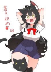 Rule 34 | 1girl, :o, absurdres, animal ears, animal print, arm garter, armband, arms behind head, black armband, black hair, bow, breasts, bright pupils, cat ears, cat girl, cat print, cat tail, cropped legs, fang, highres, large breasts, long hair, no nose, open mouth, original, paw print, red bow, school uniform, solo, tail, thick thighs, thighhighs, thighs, uruti 2388, very long hair, white background, white pupils, yellow eyes, zettai ryouiki