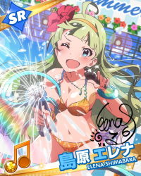 Rule 34 | 10s, 1girl, ;d, ahoge, aqua eyes, artist request, beamed quavers, bikini, blush, bracelet, breasts, card (medium), character name, character signature, cleavage, flower, green hair, hair flower, hair ornament, hairband, hibiscus, hose, idolmaster, idolmaster million live!, jewelry, lens flare, long hair, looking at viewer, microphone, musical note, necklace, official art, one eye closed, open mouth, orange bikini, shimabara elena, signature, smile, solo, swimsuit, wink