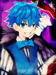 Rule 34 | 10s, 1boy, 2boys, blue eyes, blue hair, blue lips, bow, bowtie, caster (fate/grand order), fate/extra, fate/extra ccc, fate/grand order, fate/prototype, fate/prototype: fragments of blue and silver, fate (series), glasses, gloves, green eyes, hans christian andersen (fate), jacket, jacket on shoulders, jekyll and hyde (fate), koyasu takehito, lipstick, makeup, matching hair/eyes, mephistopheles (fate), multiple boys, nakahara (mu tation), official art, voice actor connection, vest, waistcoat