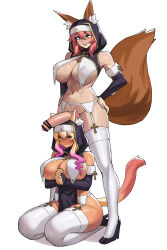 Rule 34 | 2girls, alternate costume, animal ears, bar censor, black footwear, black sleeves, blonde hair, breast curtains, breasts, bulge, censored, closed eyes, closed mouth, covered erect nipples, detached sleeves, donburi (donburikazoku), erection, fate/grand order, fate (series), fox ears, fox girl, fox tail, full body, futa with futa, futanari, hands on own hips, highres, interlocked fingers, large breasts, multiple girls, nun, open mouth, own hands together, penis, penis on head, pink hair, shoes, short hair, simple background, sitting, smile, standing, suzuka gozen (fate), tail, tamamo (fate), tamamo no mae (fate/extra), thighhighs, wariza, white background, white thighhighs