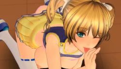 Rule 34 | 1girl, 3d, animated, animated gif, blonde hair, blue eyes, breasts, cheerleader, hanging breasts, licking, looking at viewer, musumakeup, nipples, one eye closed, short twintails, solo, tongue, tongue out, twintails, wink