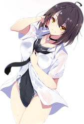 Rule 34 | 1girl, ahoge, arm up, azur lane, baltimore (azur lane), black choker, black necktie, black one-piece swimsuit, braid, breasts, brown hair, choker, cleavage, collarbone, collared shirt, commentary request, competition swimsuit, covered navel, cowboy shot, dress shirt, french braid, grin, groin, hair between eyes, hand in own hair, highleg, highleg swimsuit, highres, large breasts, legs together, looking at viewer, mutou kurihito, necktie, one-piece swimsuit, partially unbuttoned, shirt, short hair, short sleeves, simple background, smile, solo, standing, swimsuit, swimsuit under clothes, wet, wet clothes, wet shirt, white background, white shirt, wing collar, yellow eyes