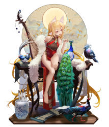 Rule 34 | 1girl, animal, bare legs, bare shoulders, barefoot, bird, black gloves, blonde hair, breasts, china dress, chinese clothes, dress, feathers, feet, fh moya, flat chest, full body, gloves, highres, long hair, original, peacock, peacock feathers, short dress, side slit, sleeveless, sleeveless dress, small breasts, toes, yellow eyes