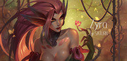 Rule 34 | 1girl, bare shoulders, breasts, bug, butterfly, character name, choker, cleavage, collarbone, colored sclera, facial mark, flower, forehead mark, highres, bug, large breasts, league of legends, lipstick, long hair, makeup, plant, red hair, red lips, saturn (artist), saturn (satscarlet), solo, thorns, vines, wearing plant, yellow eyes, yellow sclera, zyra