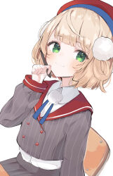 Rule 34 | 1girl, absurdres, beret, blush, closed mouth, collared shirt, commentary request, green eyes, hair ornament, hand up, hat, highres, holding, holding stylus, indie virtual youtuber, jacket, light brown hair, long sleeves, looking at viewer, noko (nco029685627), pinstripe jacket, pinstripe pattern, pinstripe skirt, pom pom (clothes), pom pom hair ornament, red hat, shigure ui (vtuber), shirt, short hair, simple background, smile, solo, striped clothes, striped jacket, stylus, upper body, vertical-striped clothes, vertical-striped jacket, virtual youtuber, white background, white shirt