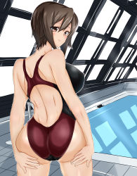Rule 34 | 1girl, absurdres, ass, ass grab, back, berumina, breasts, brown eyes, brown hair, competition swimsuit, from behind, girls und panzer, grabbing own ass, highres, indoors, large breasts, looking at viewer, looking back, nishizumi maho, one-piece swimsuit, pool, rei no pool, short hair, solo, swimsuit