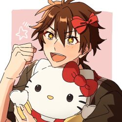 Rule 34 | + +, 1boy, border, bow, brown hair, clenched hand, commentary request, ensemble stars!, facial mark, hair between eyes, hair bow, hand up, hello kitty, hello kitty (character), hugging object, male focus, moji461, morisawa chiaki, open mouth, outside border, red bow, sanrio, short hair, smile, solo, star (symbol), teeth, upper body, upper teeth only, whisker markings, white border