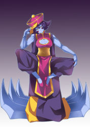 Rule 34 | 1girl, absurdres, blue skin, blush stickers, breasts, capcom, claws, cleavage, cleavage cutout, clothing cutout, colored skin, flipped hair, full body, hat, highres, jiangshi, large breasts, lei lei, makai, purple hair, qingdai guanmao, short hair, vampire (game), yellow eyes