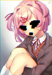 Rule 34 | 1girl, :&lt;, artist name, blazer, blush, brown sweater vest, chromatic aberration, commentary, doki doki literature club, dress shirt, film grain, glitch, gradient background, grey jacket, hair ornament, hair ribbon, horror (theme), hugging own legs, jacket, knees up, light frown, looking at viewer, natsuki (doki doki literature club), neck ribbon, no eyes, no mouth, on ground, pink hair, red ribbon, ribbon, school uniform, shirt, signature, sitting, socks, solo, spoilers, sunabasan, sweatdrop, sweater vest, swept bangs, tsundere, two side up, v-shaped eyebrows, white background, white shirt, white socks, x hair ornament