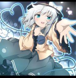 Rule 34 | 1girl, aqua eyes, bow, do (4-rt), hat, hat bow, heart, heart of string, komeiji koishi, letterboxed, long sleeves, looking at viewer, open mouth, shirt, silver hair, skirt, solo, third eye, touhou, wide sleeves