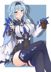 Rule 34 | 1girl, :d, bare shoulders, black hairband, black thighhighs, blue hair, blue necktie, blush, breasts, commentary request, crossed legs, drop shadow, eula (genshin impact), feet out of frame, genshin impact, gloves, hair ornament, hairband, highres, large breasts, long hair, long sleeves, looking at viewer, necktie, open mouth, partial commentary, rei (09991), sitting, smile, solo, thighhighs, thighs, yellow eyes