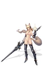 Rule 34 | absurdres, animal ear fluff, animal ears, arknights, armored boots, black gloves, blonde hair, boots, breasts, brown eyes, energy spear, gauntlets, gloves, headset, highres, horse ears, horse girl, horse tail, kkjjiioo, knee pads, large breasts, leg armor, long hair, navel, nearl (arknights), nearl the radiant knight (arknights), nipples, nude, shin guards, tail, uncensored